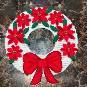 Vintage 1980s Handmade Needlepoint Poinsettia Christmas Wreath Wall Hanging